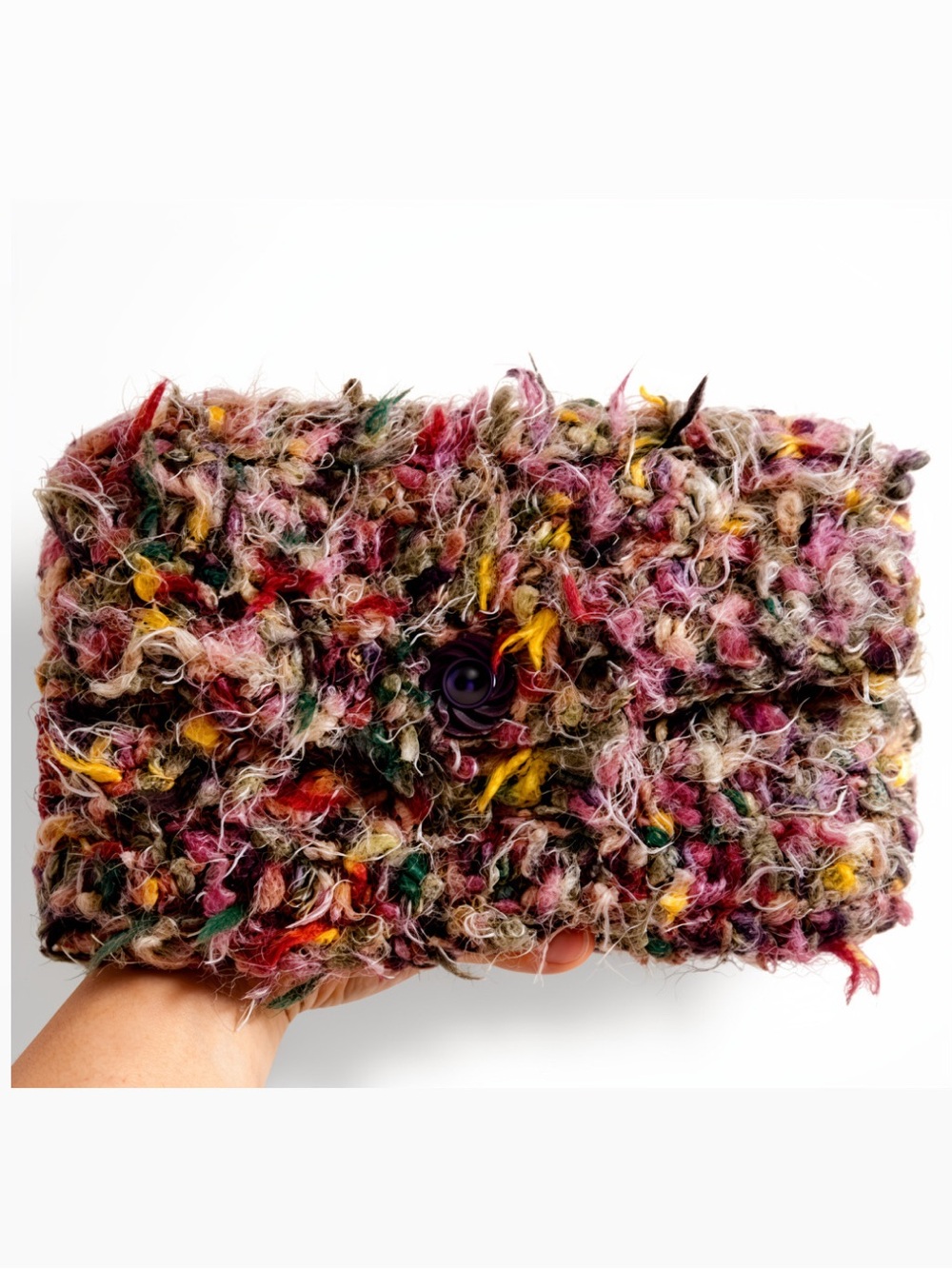 Pretty and Fun Furry Handmade Crocheted Multicolor Bouclé Envelope Clutch Bag
